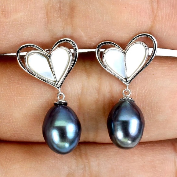 Earrings Natural Drop Pearl 11x8mm Mother of Pearl Heart - Picture 2 of 3